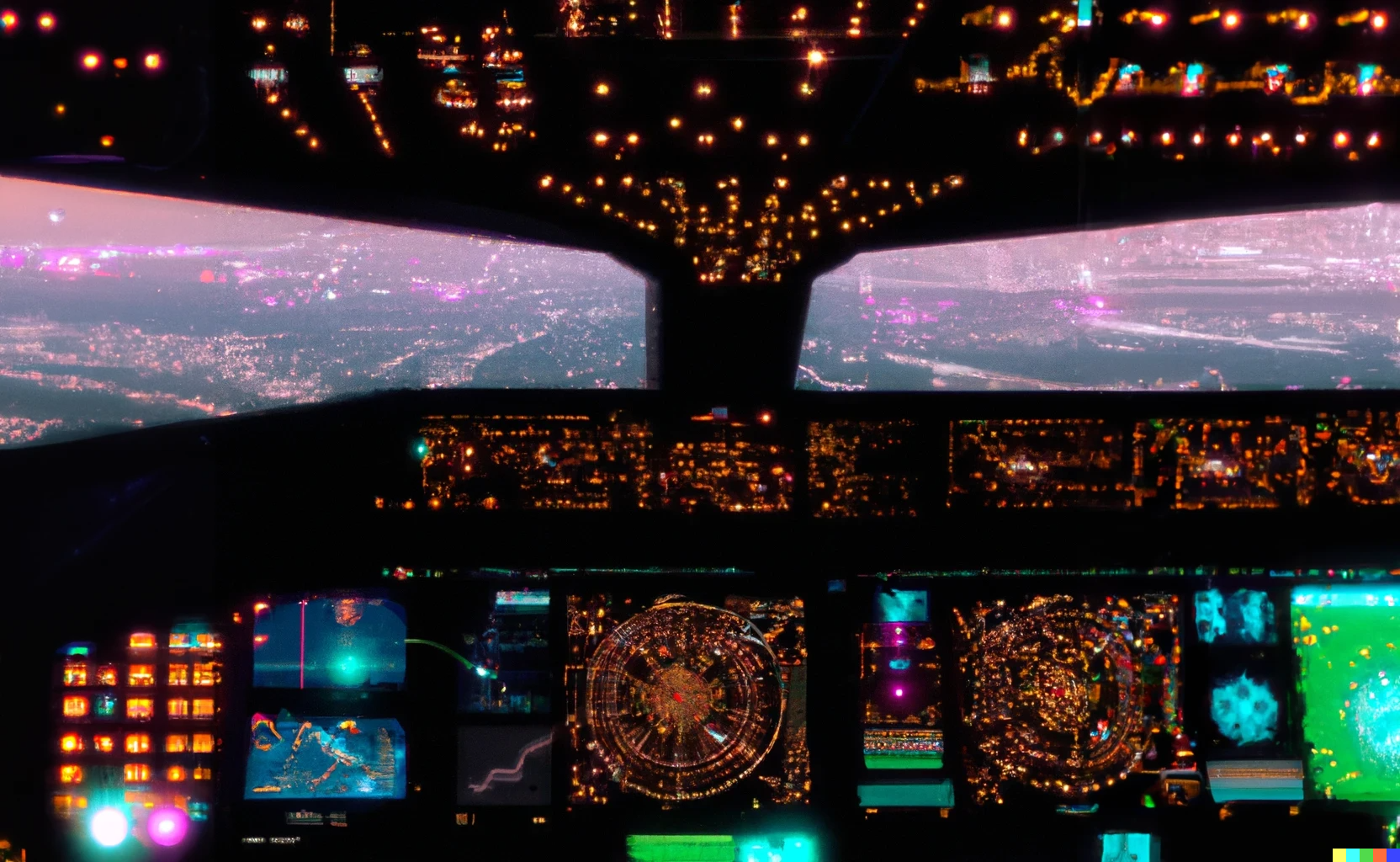 A modern airline cockpit view, with the windshield revealing an intricate web of glowing nodes and connections, symbolizing system feedback loops. Faint outlines of Middle Eastern landmarks appear on the horizon. Transparent digital panels overlay the view, showing graphs of fuel costs, ticket pricing, and passenger demand, conveying a world of complex challenges.